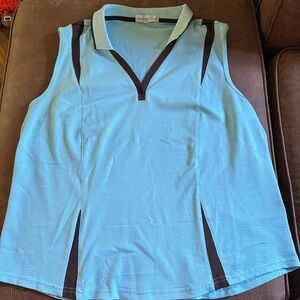 Aqua and brown golf shirt.